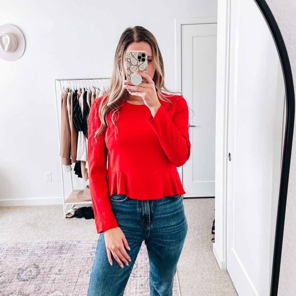 ALC Red Long‎ Sleeve Peplum Ruffle Hem Top EUC 6